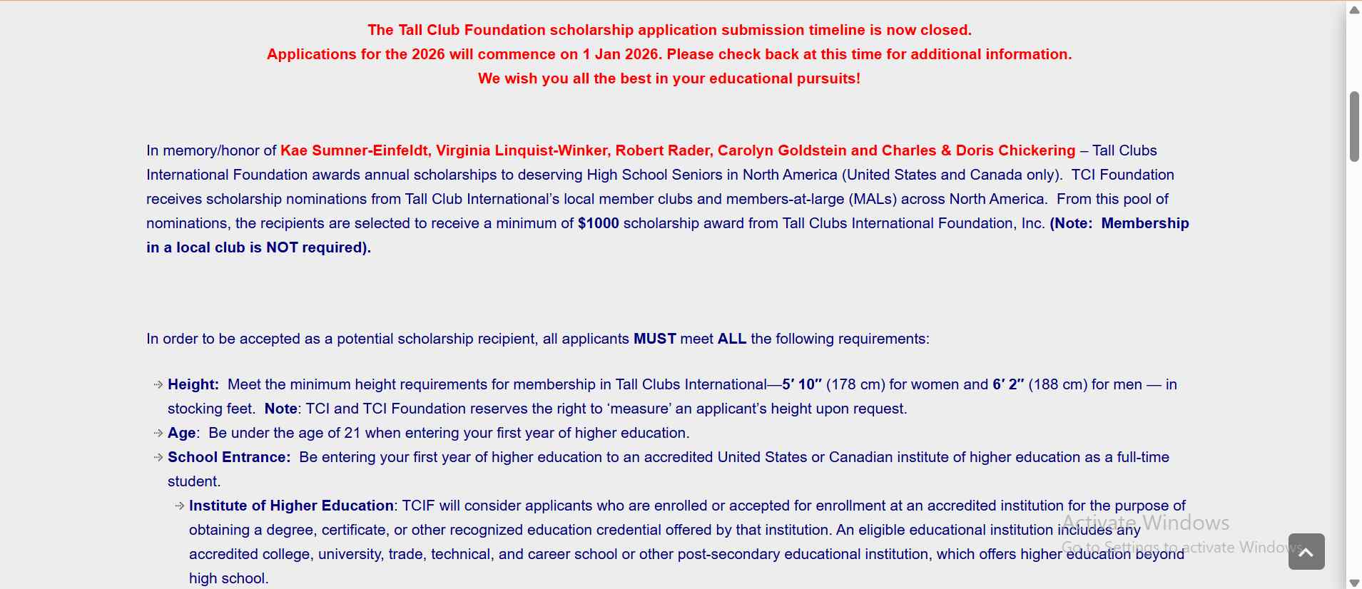 Tall Clubs International Student Scholarships